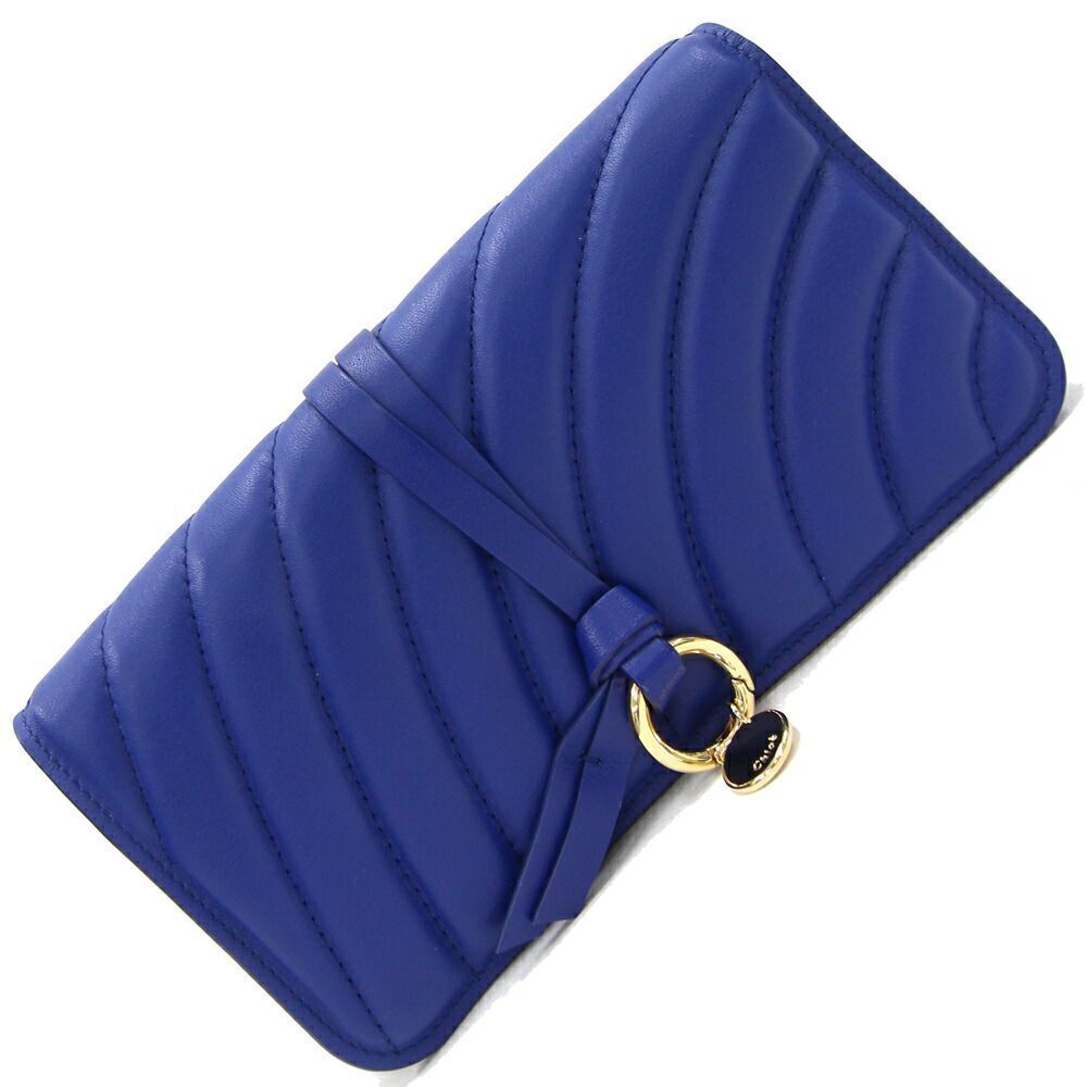 Chloe bi fold long wallet Alphabet blue leather quilted stitch charm